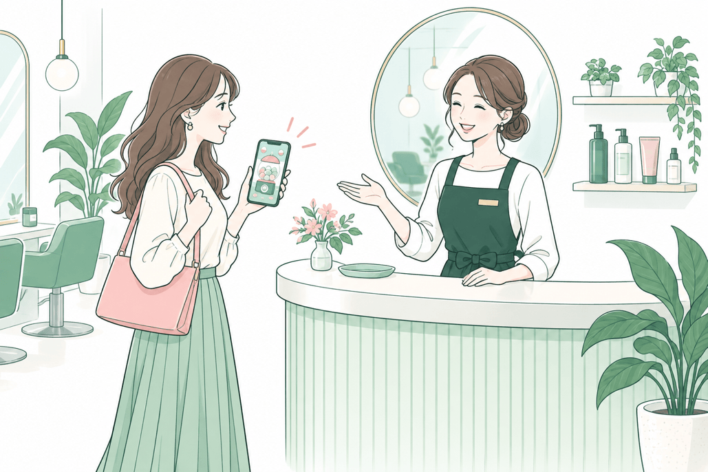 美容サロンの受付でスタッフとお客様が会話するイラスト