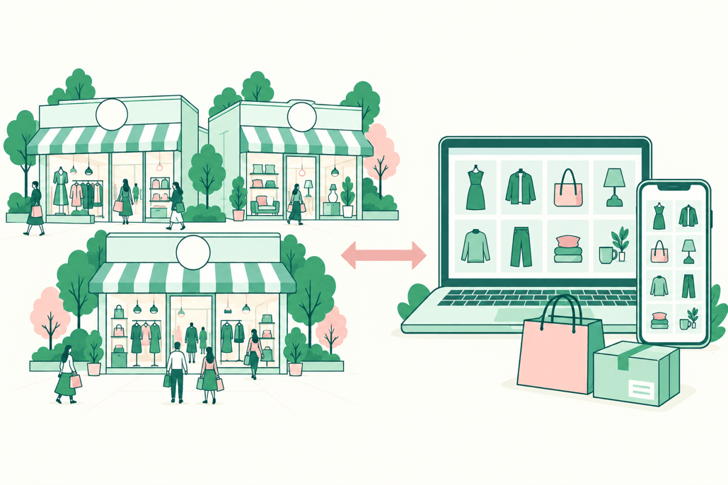 複数の実店舗とオンラインショップでお買い物をする小売企業のイラスト