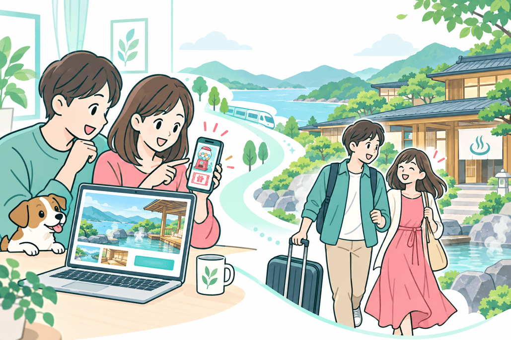 宿泊クーポンを受け取り、リゾートへの旅を楽しむイラスト