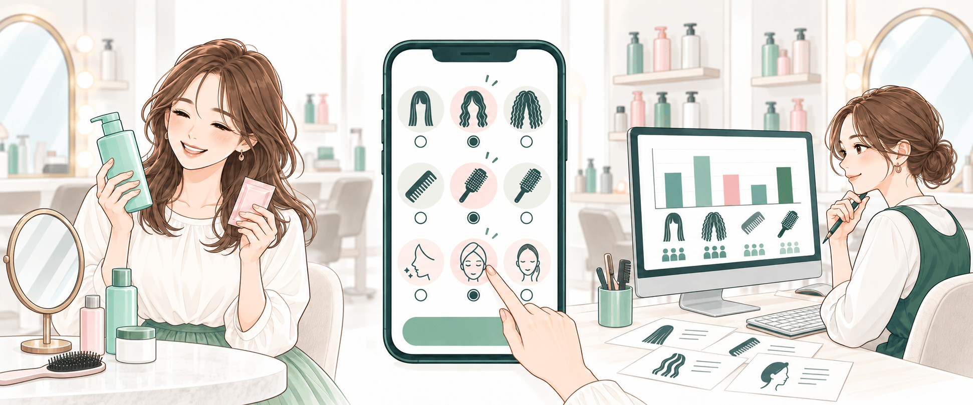 診断の回答が生む両面の価値のイメージ。中央は質問に答えるスマホ、左は自分に合うヘアケア商品とサンプルに出会うお客様、右は匿名の回答傾向を見て次の提案を考える担当者
