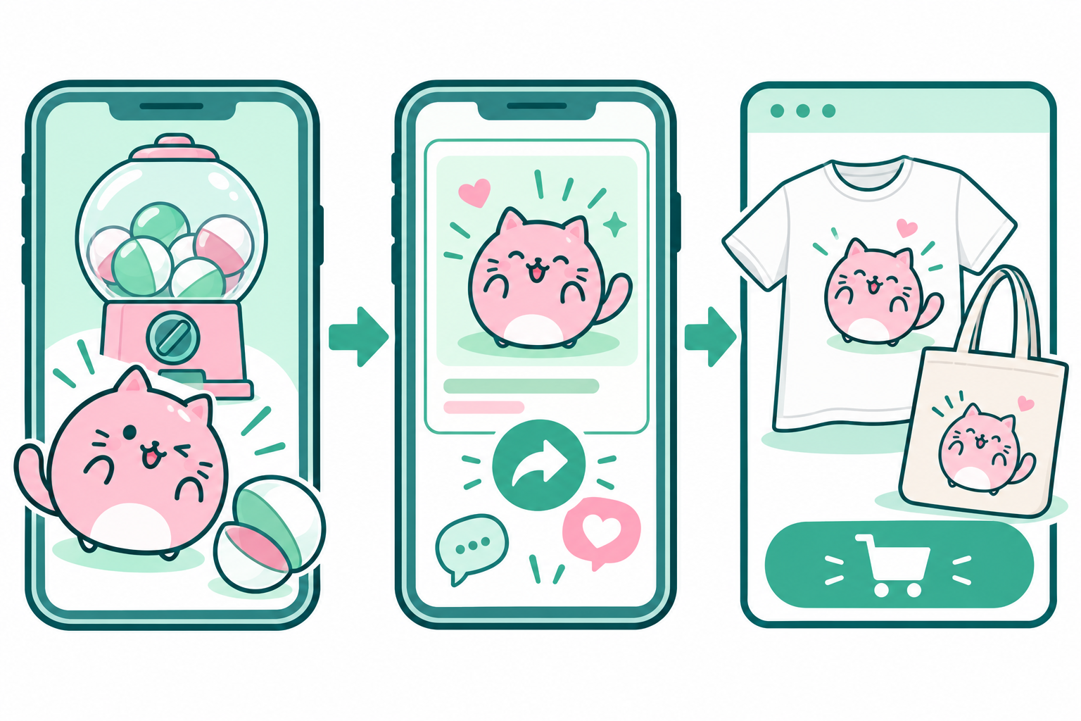コラボキャラクターのガチャや診断結果をシェアし、コラボの洋服やグッズを知る活用イメージ