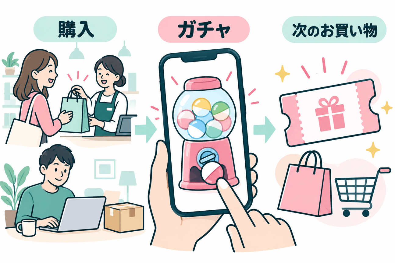 購入、アプリのガチャ、次回のお買い物へとつながる流れ