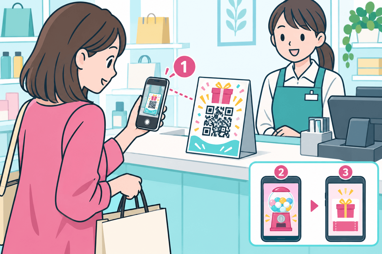 店頭のQRコードからスマートフォンでガチャに参加