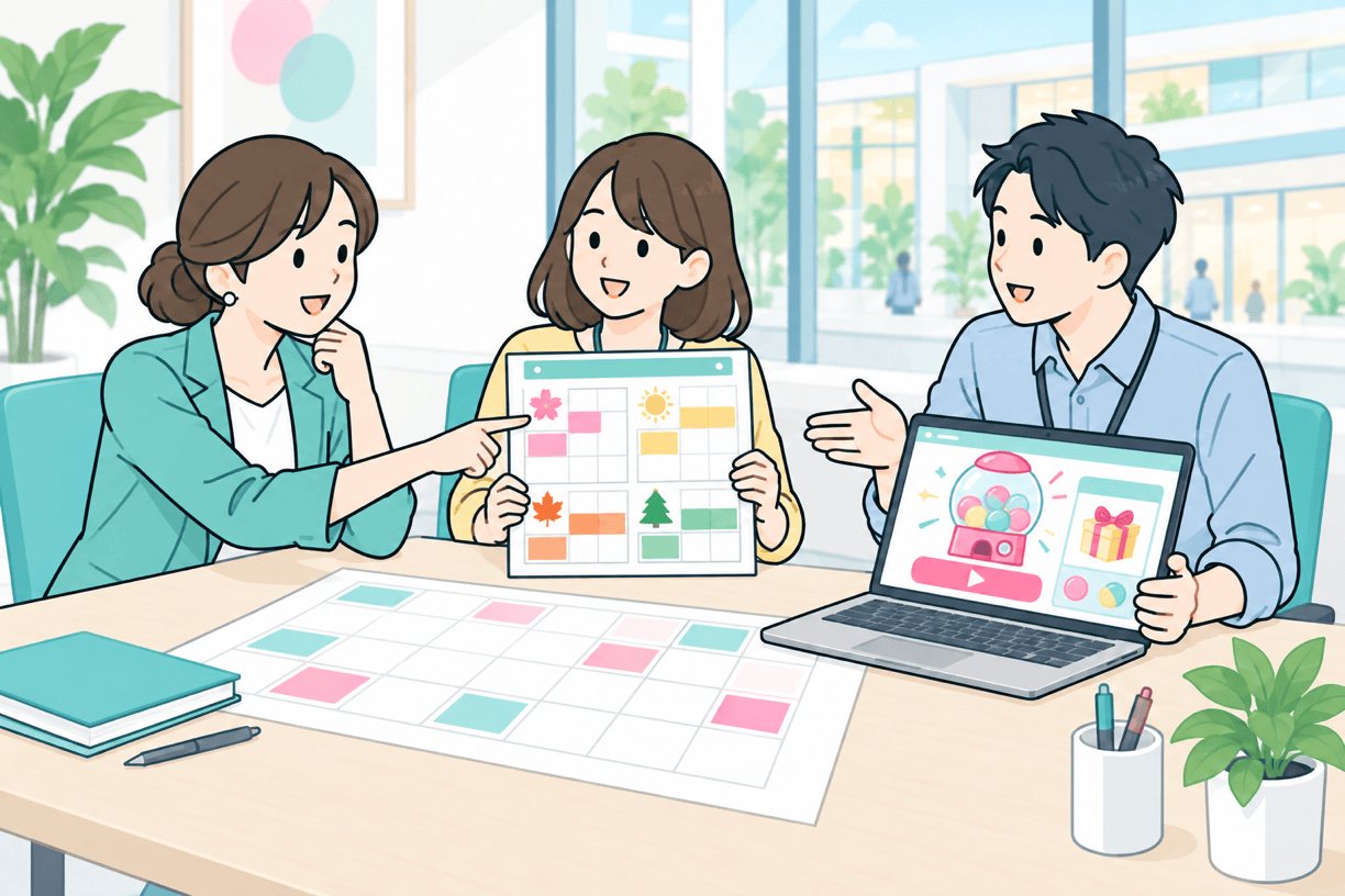 販促カレンダーとガチャ画面を見ながら企画を相談する担当者