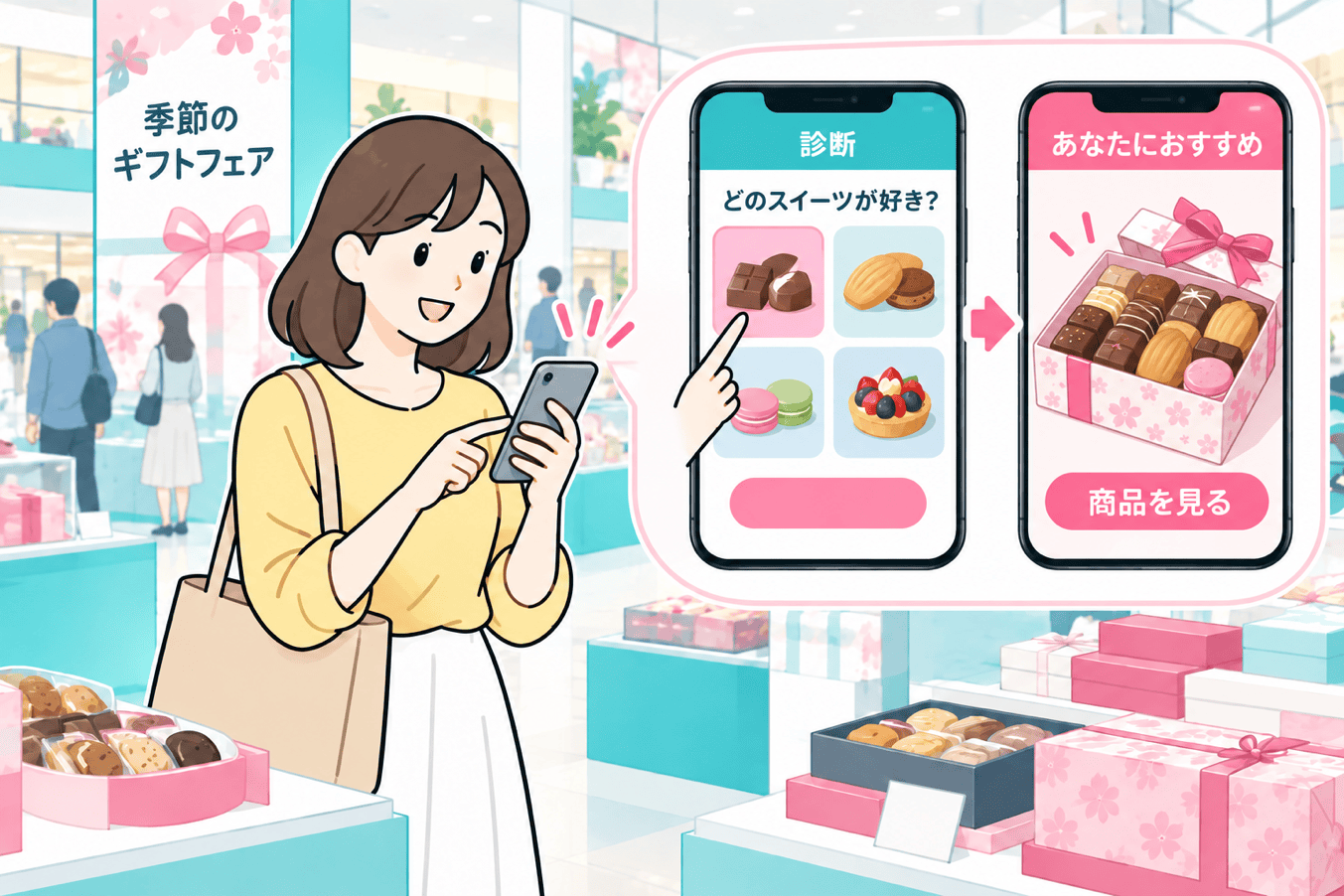 好みの質問に答え、自分に合う商品やギフトを見つけるお客様