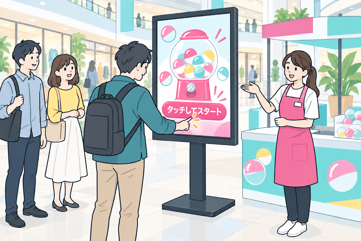 会場の大型モニターに直接タッチしてガチャを楽しむお客様