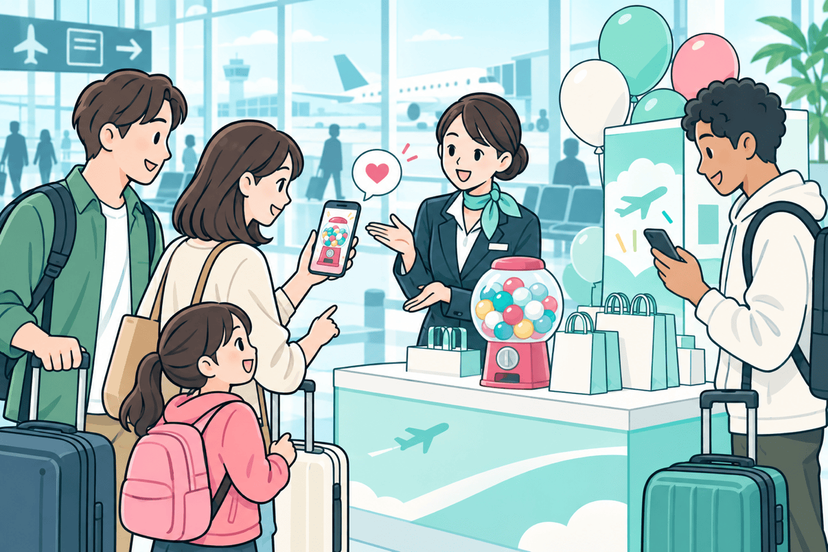 空港イベントでスタッフと会話しながらスマートフォンのガチャに参加するイメージ