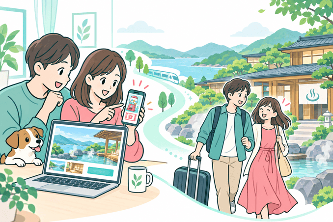 自宅でガチャの宿泊クーポンを受け取り、リゾートへ旅するイメージ