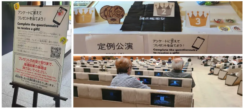 国立能楽堂の英語併記のアンケート案内、プレゼントと客席の様子をまとめた公式事例写真