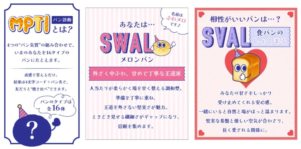 MPTIのタイプ診断結果と相性のよいキャラクターの紹介画面
